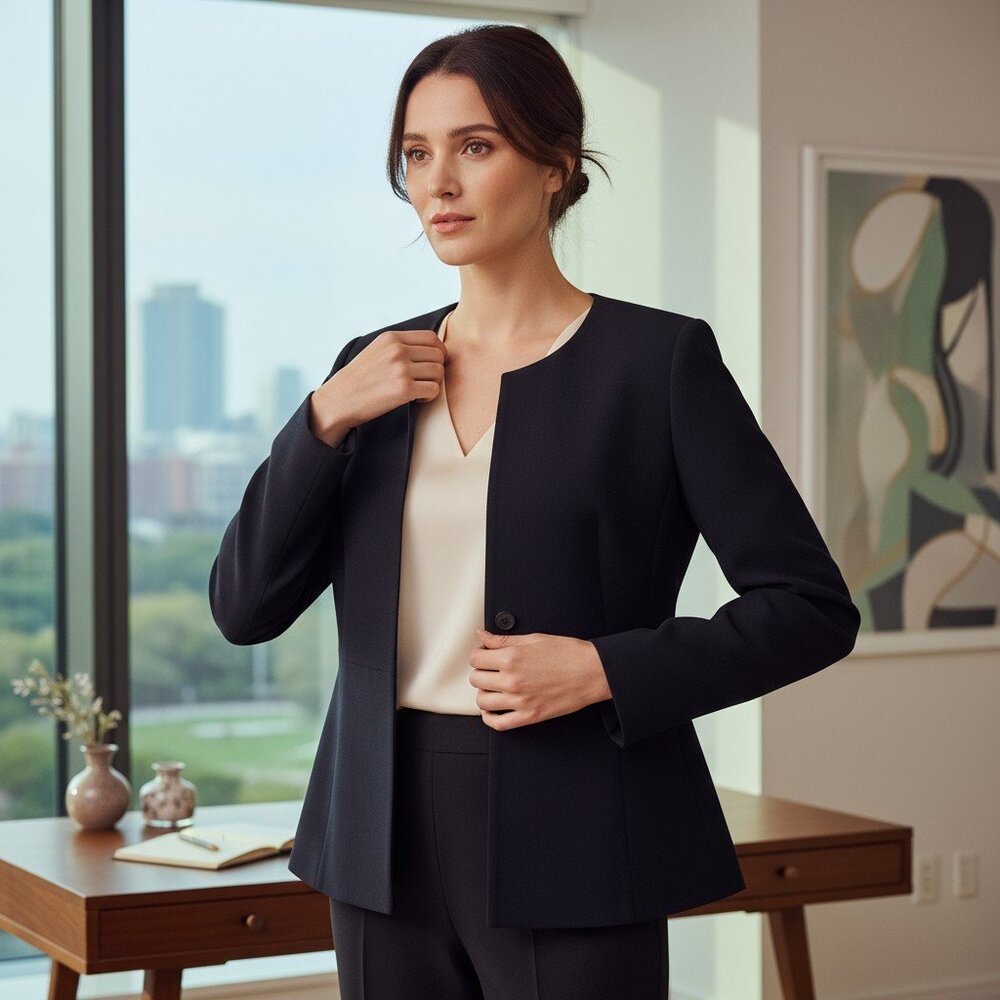 Harve Bernard Collection, Classic Navy Blue Collarless Blazer size 12P